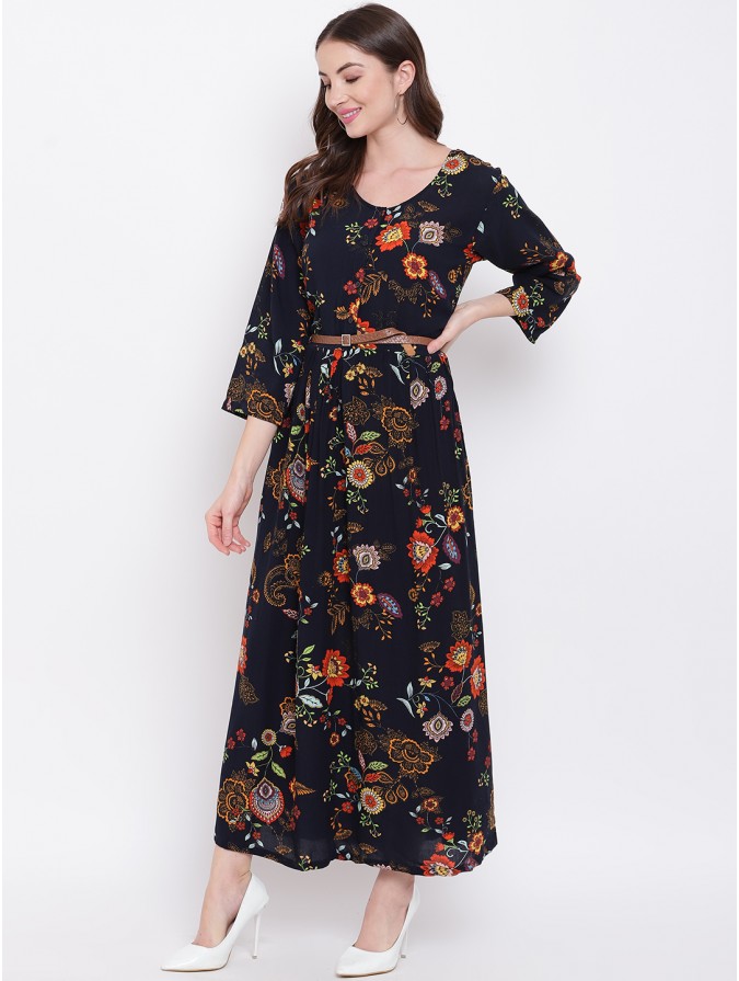 Black Floral Print Rayon Dress
